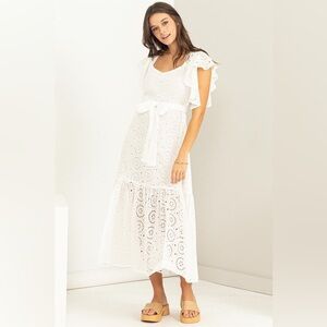 Off White Eyelet Maxi Dress with Tie Waist